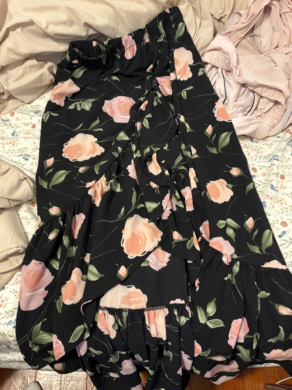 miami Black Maxi Skirt with Peach Floral Print